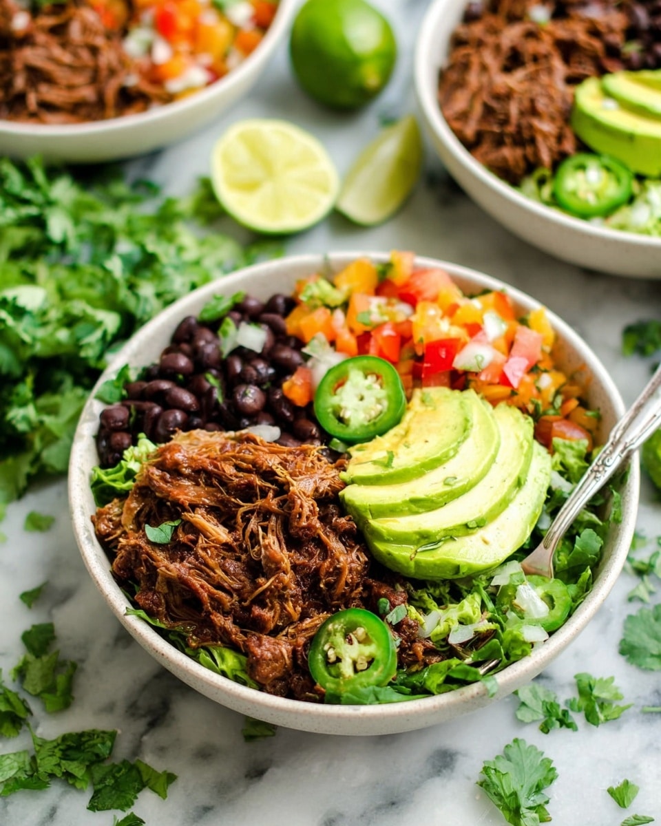 A white bowl holds a colorful bowl of food with five visible layers: shredded brown meat on the left side, thin slices of green avocado arranged in a row in the center, black beans next to the avocado, small diced red and orange tomatoes mixed with chopped white onions near the top right, and fresh green jalapeño slices placed around the edges. The base layer appears to be chopped green lettuce. A silver fork rests on the shredded meat side. The bowl is placed on a white marbled surface with fresh green cilantro scattered nearby and lime wedges on the side. Another similar bowl is visible blurred in the background. Photo taken with an iphone --ar 4:5 --v 7
