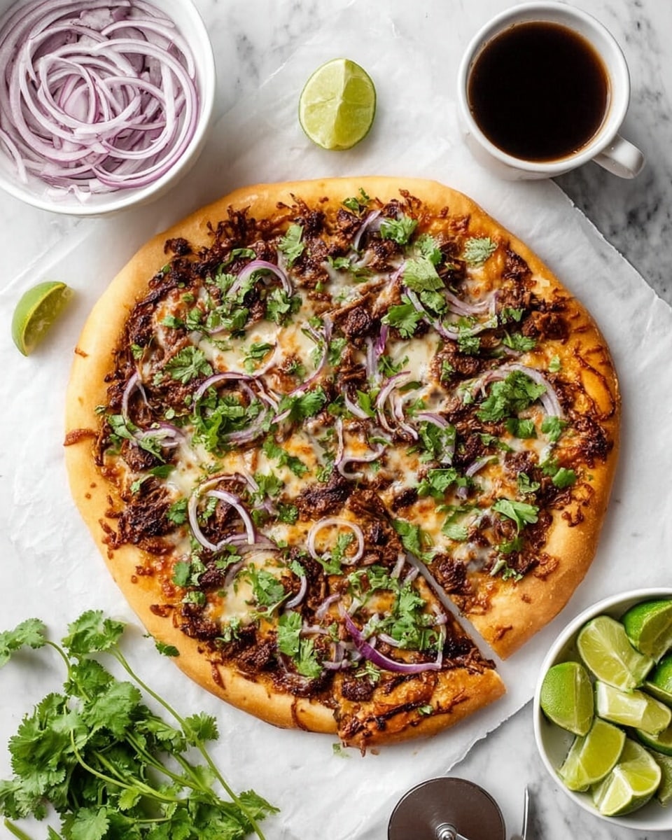 A round pizza with a golden brown crust sits on white parchment paper over a white marbled surface. The pizza has an even layer of melted cheese beneath dark, crispy mushroom pieces scattered across the top. Thin, curved slices of light purple onion are spread over the mushrooms. Bright green cilantro leaves are sprinkled sparingly over the pizza. Near the pizza, there is a white bowl with dark coffee, a white bowl holding lime wedges, another white bowl with more thin purple onion slices, and a bunch of fresh cilantro with some leaves scattered around. A pizza cutter with a metal wheel is placed at the top left. photo taken with an iphone --ar 4:5 --v 7