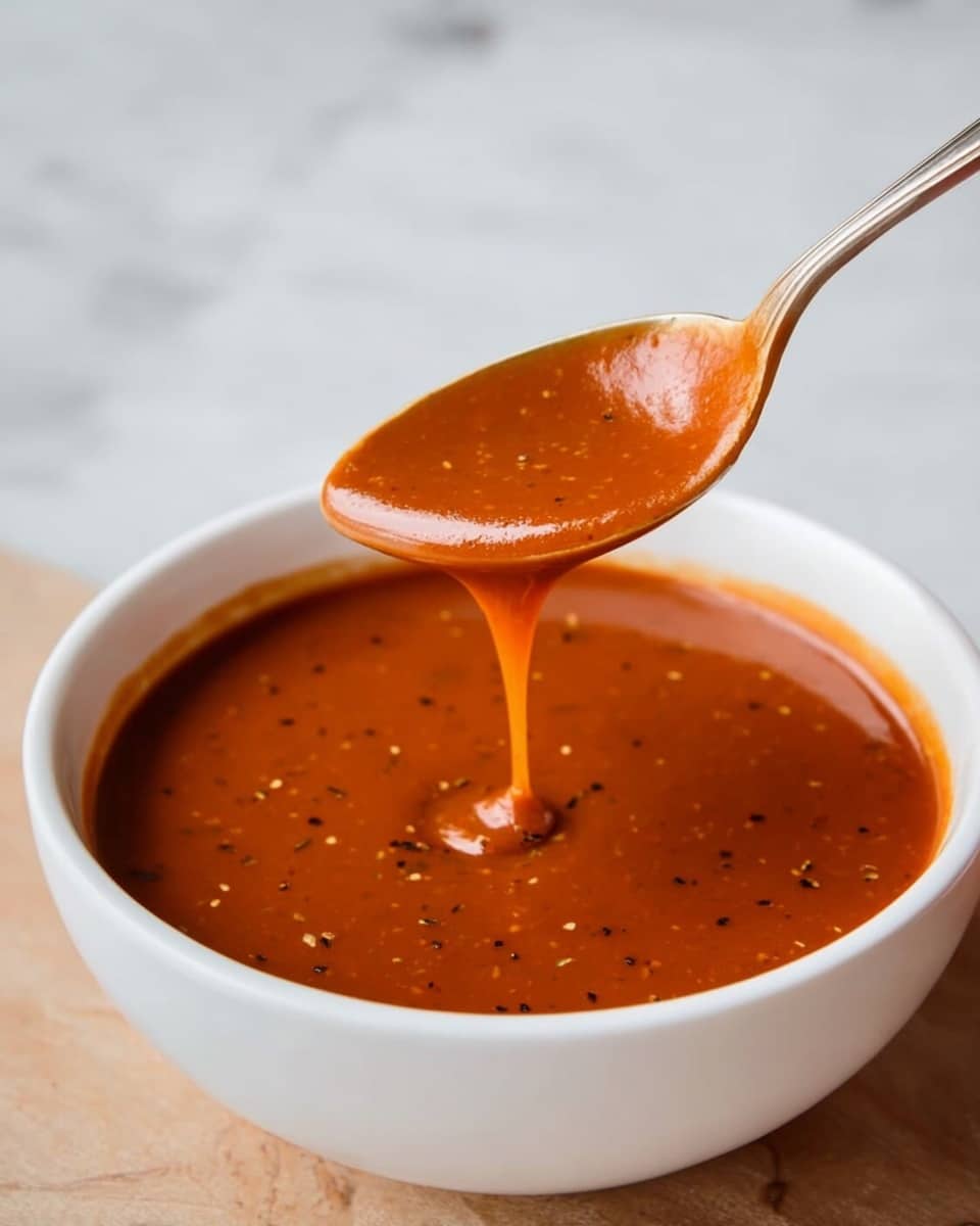 A close-up of a white bowl filled with smooth, rich, dark reddish-brown enchilada sauce that has specks of black and orange spices scattered throughout. A spoon coated with the thick sauce is lifted above the bowl, with sauce dripping back into it in a slow stream, showing its creamy texture and shiny surface. The background is a white marbled texture. photo taken with an iphone --ar 4:5 --v 7