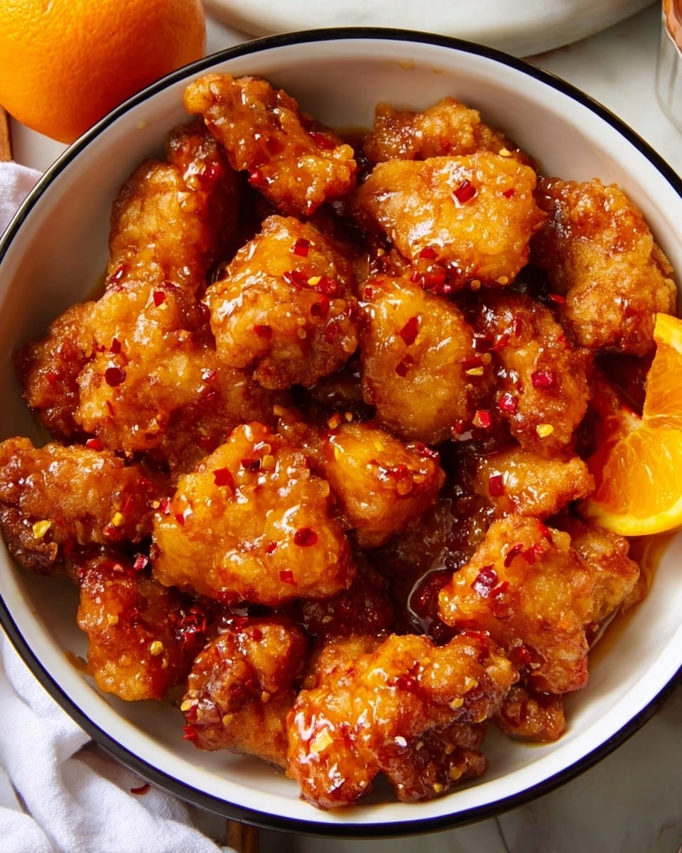 A close-up view of a white bowl with a black rim filled with many pieces of golden-brown fried chicken coated in a shiny, sticky orange sauce with red chili flakes scattered throughout. The chicken pieces are piled up unevenly, showing their crispy texture beneath the glossy sauce. On the left side of the bowl, part of a white marbled surface is visible along with a bright orange fruit. The edge of a white cloth is on the left beside the bowl. Photo taken with an iphone --ar 4:5 --v 7