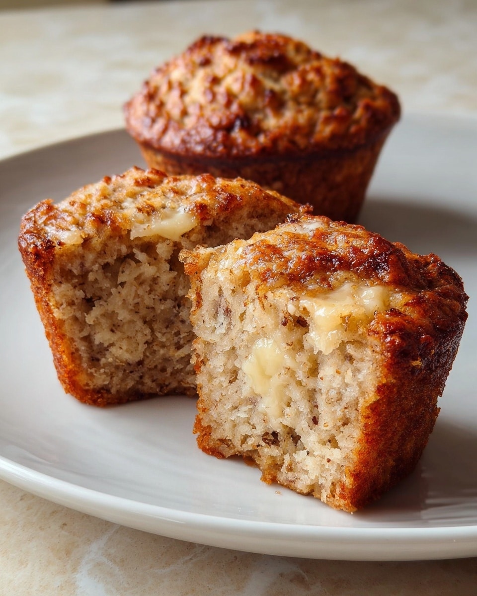Two banana muffins sit on a white plate with a white marbled texture background. One muffin is whole, showing a golden-brown, slightly rough top with a crispy texture, while the other is cut in half to show its inside layers. The muffin’s inside looks moist and soft with a light beige color, speckled with small bits, and has a creamy, gooey layer of melted butter or cream near the top. The outside of the muffins has a darker, toasted crust with a mix of golden and brown tones. Photo taken with an iphone --ar 4:5 --v 7