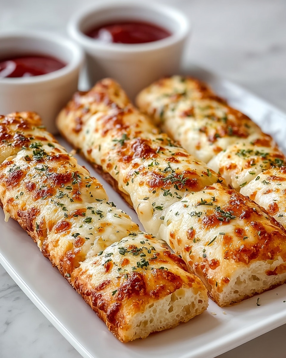 Four long cheese sticks sit side by side on a white rectangular plate. Each stick has a thick, golden crust base with a slightly airy texture visible on the cut edges. On top of the crust is a thick layer of melted cheese that is golden brown and bubbly in spots, sprinkled evenly with dried green herbs. In the background, two small white round bowls filled with red dipping sauce are slightly blurred, all set on a white marbled surface. photo taken with an iphone --ar 4:5 --v 7