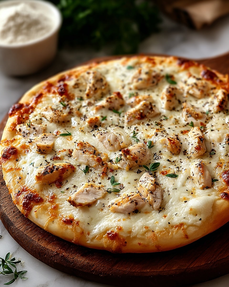 A round pizza with a golden-brown crust as the base layer, topped evenly with melted white cheese that has a smooth, slightly bubbly texture. On top of the cheese, there are scattered pieces of grilled chicken in light brown and white tones, sprinkled with black pepper and small green herb leaves for garnish. The pizza is placed on a wooden board, set against a white marbled surface with some blurred green herbs and a white bowl with flour in the background. photo taken with an iphone --ar 4:5 --v 7