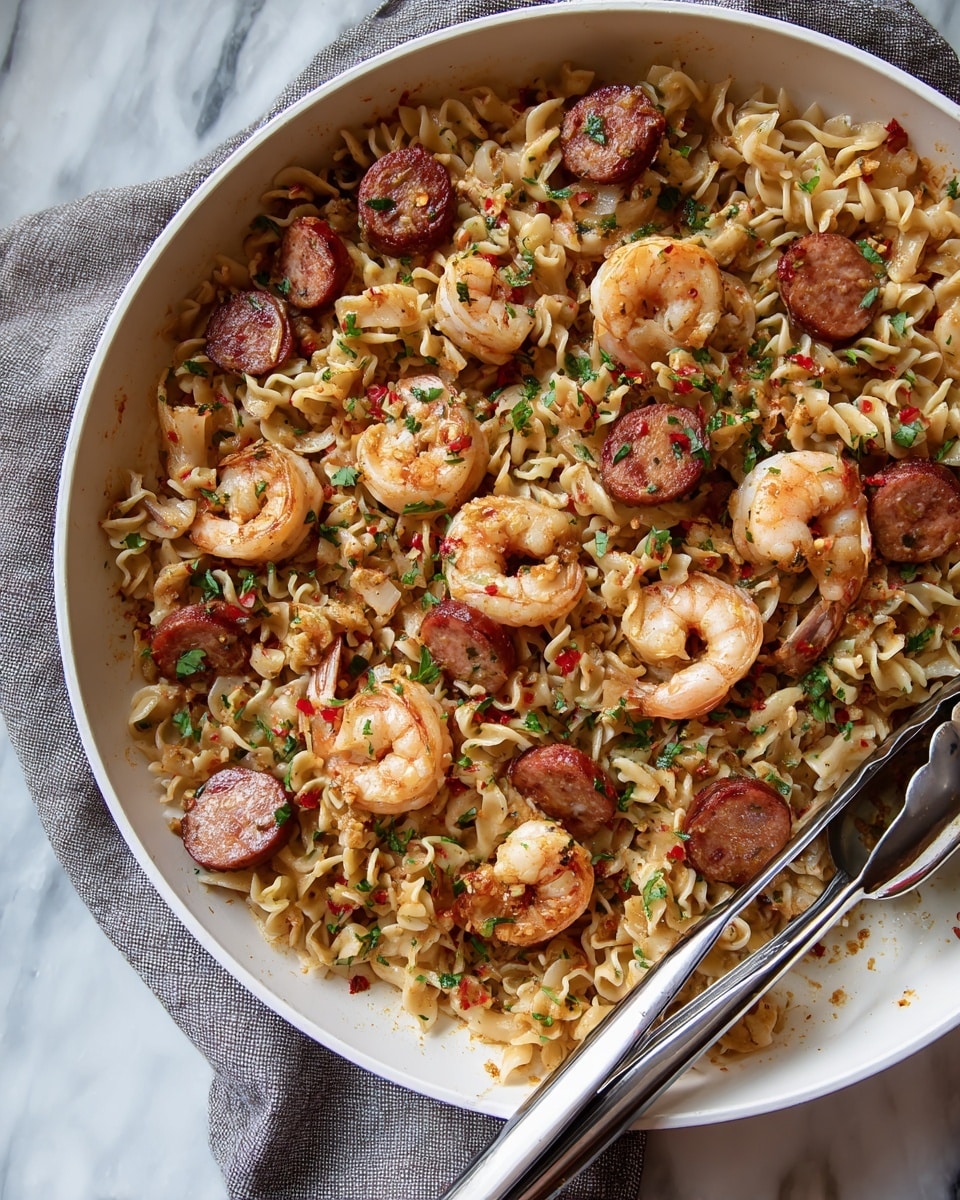A large white pan filled with a mix of cooked pasta, shrimp, and sausage slices. The pasta is light brown and curly, forming the base layer, with plump pink shrimp scattered evenly on top. Thick slices of browned sausage add a rich reddish-brown color, mixed throughout the dish. The food is speckled with chopped green herbs and small red chili flakes, adding little pops of color. Shiny metal tongs rest inside the pan on the right side. The pan sits on a gray cloth over a white marbled surface. photo taken with an iphone --ar 4:5 --v 7
