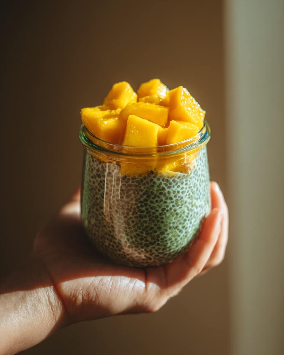 The image shows a small clear glass jar held by a woman's hand, filled with two distinct layers. The bottom layer is a thick, dark greenish chia seed pudding with a textured, slightly bumpy surface from the soaked chia seeds. Above this, the top layer features bright yellow chunks of mango, juicy and fresh, slightly uneven in shape, filling the upper part of the jar. The background has a soft warm tone, while the jar and its vivid contents are in clear focus. Photo taken with an iphone --ar 4:5 --v 7