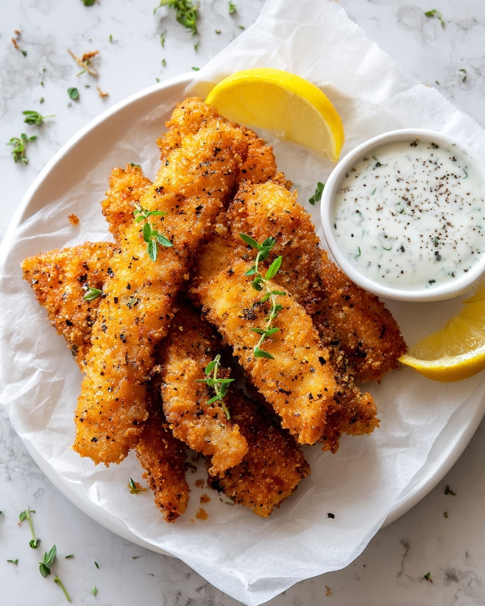 The image shows four pieces of crispy, golden-brown fried fish strips arranged on a round white plate lined with white paper. The fish strips have a textured, crunchy coating with some black pepper specks and small green herb leaves sprinkled on top. On the right side of the plate, there is a small white bowl with creamy white dipping sauce that has black pepper on it, and a wedge of lemon is placed beside the bowl. The plate sits on a white marbled surface with scattered green herb bits around. The photo taken with an iphone --ar 4:5 --v 7