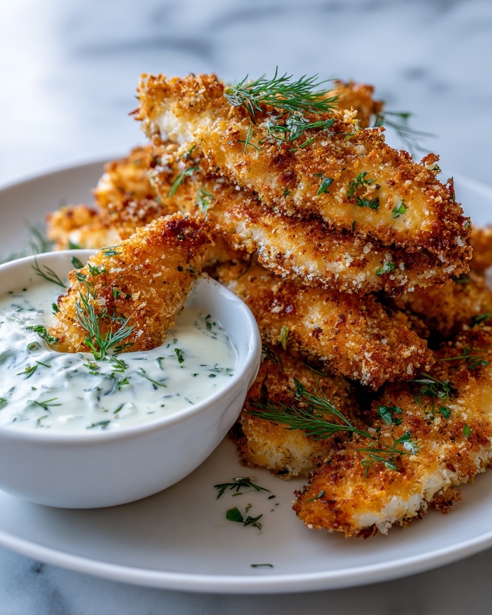 A white plate holds a layer of crispy golden-brown chicken tenders arranged in a casually piled stack, each piece coated with a crunchy crumb texture and lightly sprinkled with chopped fresh green herbs. On the left side of the plate, there is a small white bowl filled with creamy white sauce speckled with green herb pieces and garnished with sprigs of fresh dill, with one chicken tender dipped and resting on the edge of the bowl. The background shows a white marbled surface under the plate. photo taken with an iphone --ar 4:5 --v 7