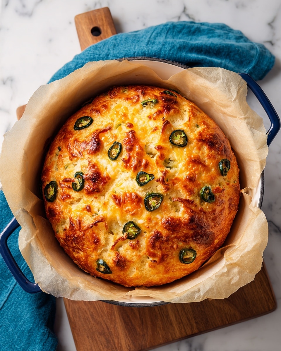 A round, golden-brown baked bread with a slightly uneven surface topped with small, dark green jalapeño slices scattered evenly on top. The bread is placed inside a round white pot lined with parchment paper that folds up around the edges. The crust looks crispy and textured with darker brown spots and melted cheese-like areas. The pot has blue handles and sits on a wooden board with a bright blue cloth nearby, all set on a white marbled surface. Photo taken with an iphone --ar 4:5 --v 7
