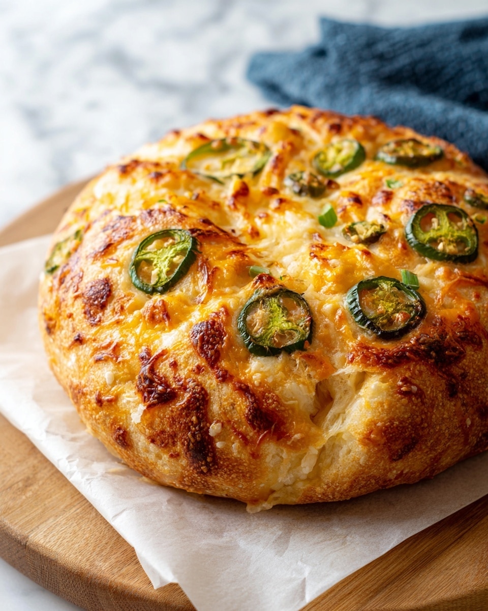 A close-up of a round baked bread with a golden brown crust, topped with slices of green jalapeño peppers that have a slightly toasted look. The bread's surface is uneven with a light, bubbly texture showing areas of melted cheese that create an orange and golden color mix. The bread rests on a white parchment paper placed on a wooden board, with a soft blue cloth barely visible on the right. The background shows a white marbled texture. photo taken with an iphone --ar 4:5 --v 7