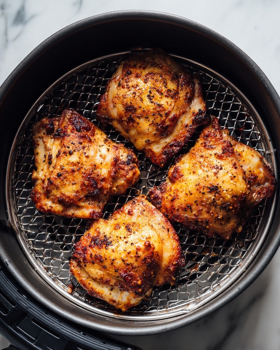 Four pieces of crispy cooked chicken thighs sit inside a metal air fryer basket with a mesh bottom. The chicken skin is golden brown with dark brown crisp spots and specks of seasoning, showing a slightly oily texture. The chicken pieces are evenly spaced, filling the basket. The metal basket has small square holes and dark edges. The background is a white marbled texture. photo taken with an iphone --ar 4:5 --v 7