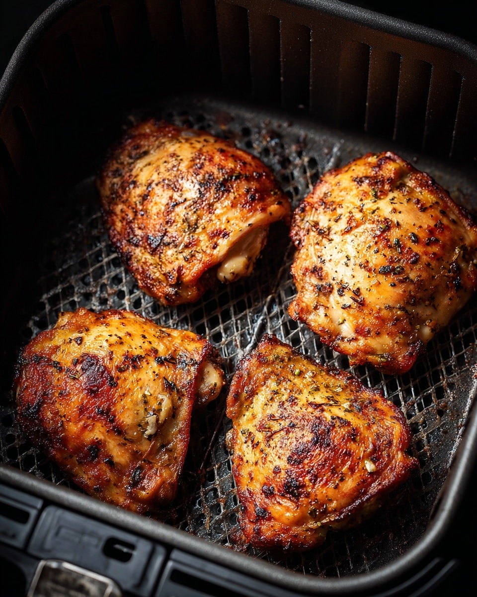 Four pieces of cooked chicken thighs with golden brown and crispy skin inside a black air fryer basket with a mesh bottom. Each piece has a slightly different shape with specks of seasoning on the surface, showing some charred edges and a crispy texture. The basket is inside the air fryer, with a dark interior and metal sides visible. photo taken with an iphone --ar 4:5 --v 7