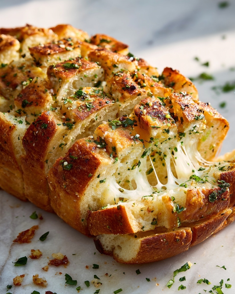 A close-up image of a pull-apart garlic cheese bread showing seven thick slices connected together, with the bread crust golden brown and slightly crispy on top. On each slice, melted white cheese fills the gaps inside the soft, spongy bread, stretching between the slices as one is pulled away. The bread is sprinkled with finely chopped green herbs and small black pepper bits, adding texture on the shiny crust. The loaf sits on a simple white marbled surface with scattered herbs around it. Photo taken with an iphone --ar 4:5 --v 7