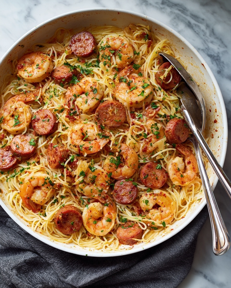 The image shows a white pan filled with a mix of cooked pasta, shrimp, and sausage. The bottom layer is light yellow pasta that looks soft and tangled. On top of the pasta, there are pink and slightly curled shrimp mixed evenly with round slices of reddish-brown sausage that have a cooked texture. Small green parsley pieces are scattered across the dish for a fresh touch. The dish is coated with a light reddish-orange sauce with visible small spices and bits of seasoning. Two shiny silver tongs rest inside the pan on the right side. The pan sits on a folded dark grey cloth on a white marbled surface. Photo taken with an iphone --ar 4:5 --v 7