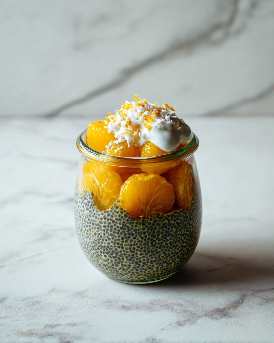 A glass jar filled with three visible layers: the bottom layer is a dark green chia pudding with a dense, seedy texture; the middle layer is bright yellow-orange mandarin orange segments, juicy and slightly translucent; the top layer is a dollop of white creamy yogurt, scattered with small white coconut flakes and fine orange zest, creating a fresh, colorful contrast. The jar is placed on a white marbled texture surface. photo taken with an iphone --ar 4:5 --v 7